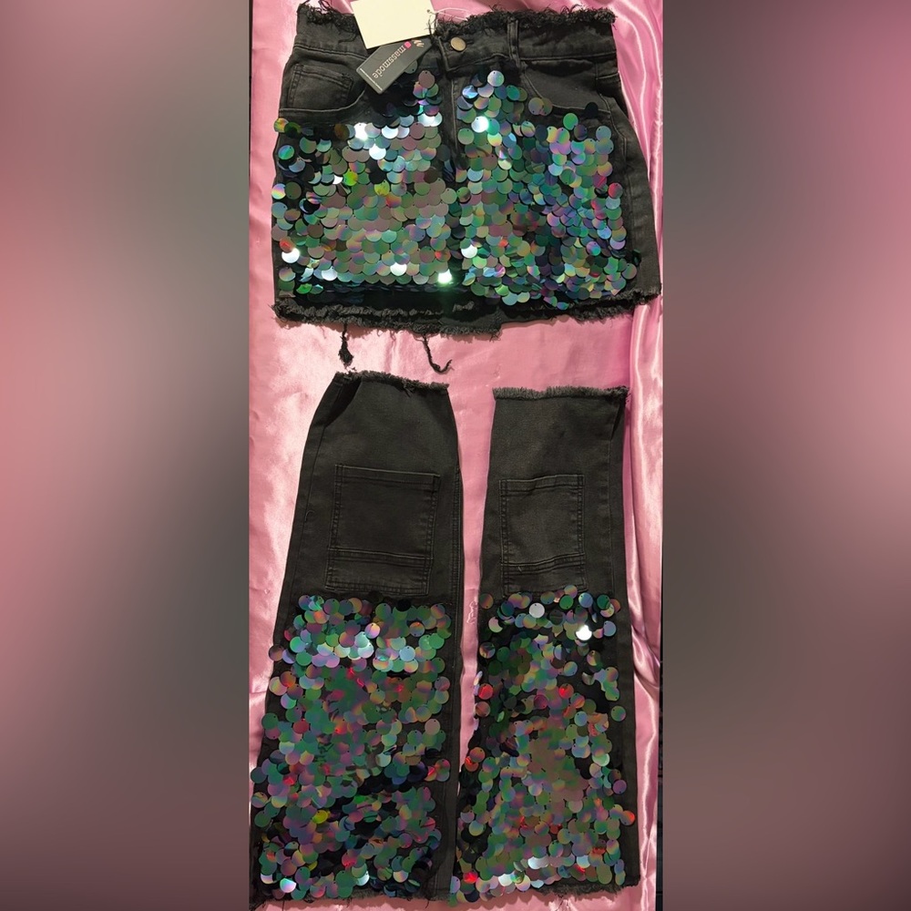 Black Sequin Patch Denim Skirt Set